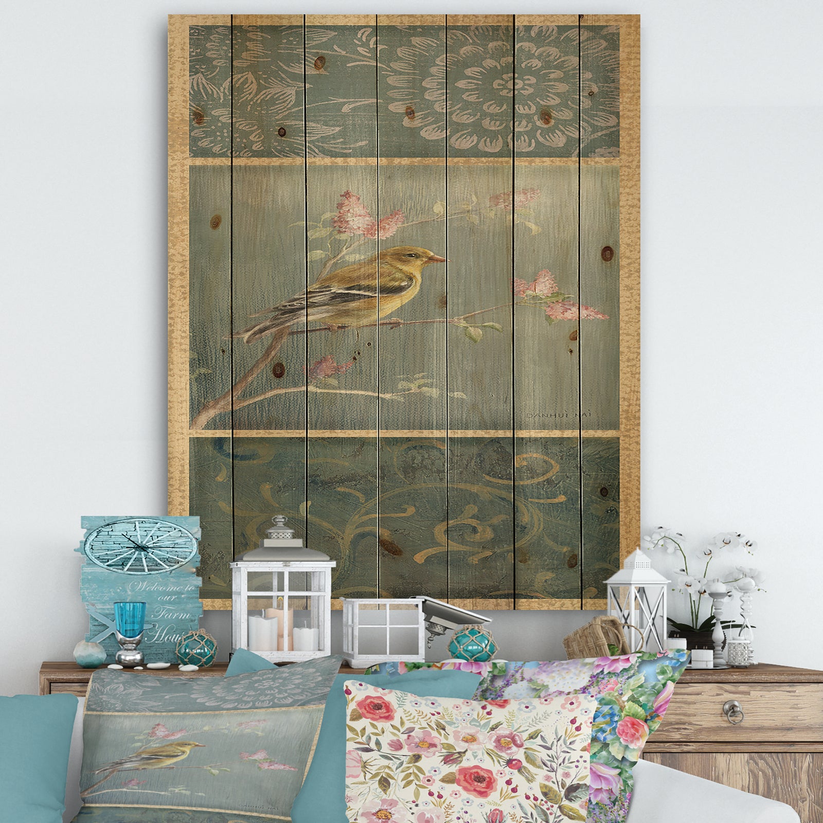 Farmhouse Triptych of Blue Ornaments And Chickadee Goldfinch - Farmhouse Print on Natural Pine Wood