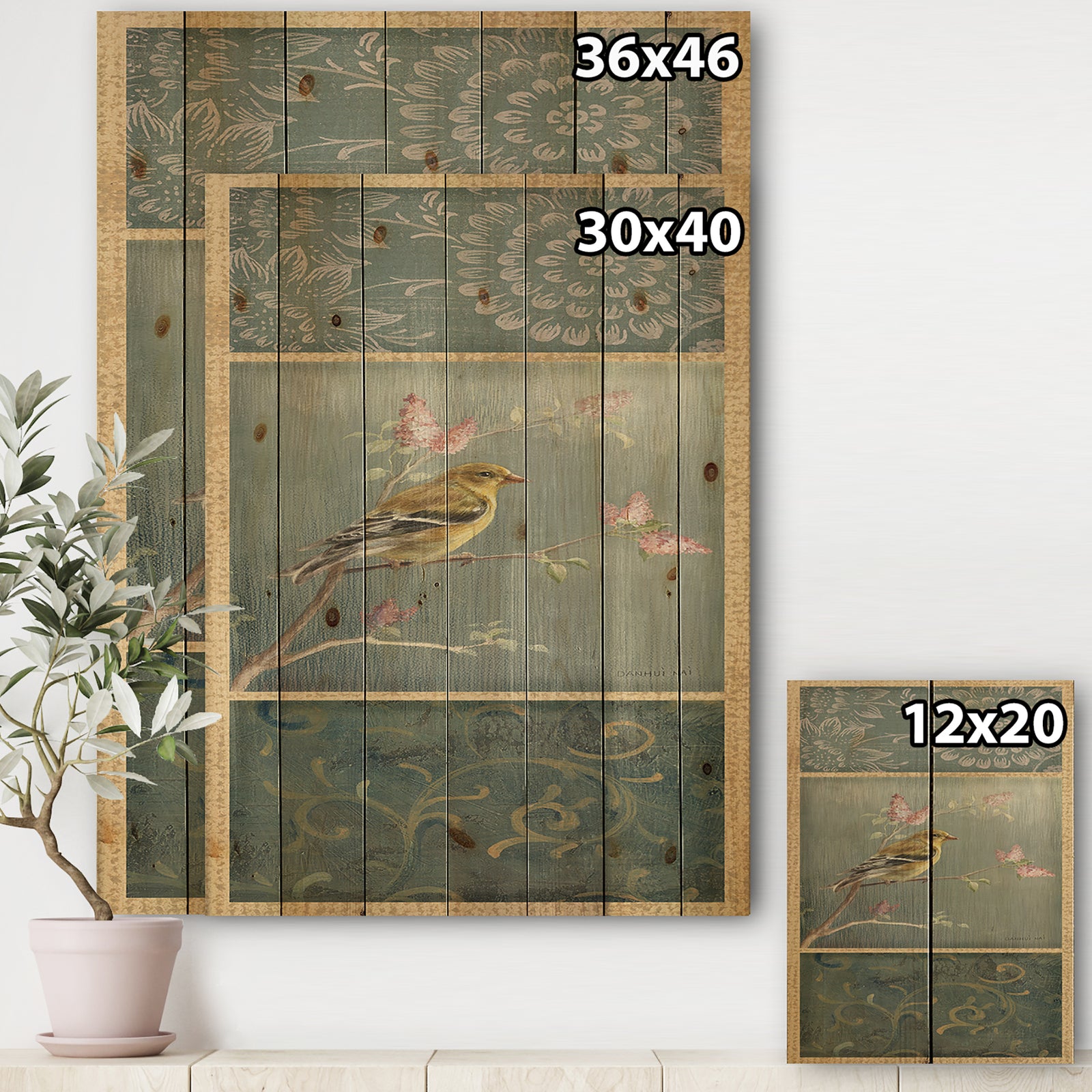 Farmhouse Triptych of Blue Ornaments And Chickadee Goldfinch - Farmhouse Print on Natural Pine Wood