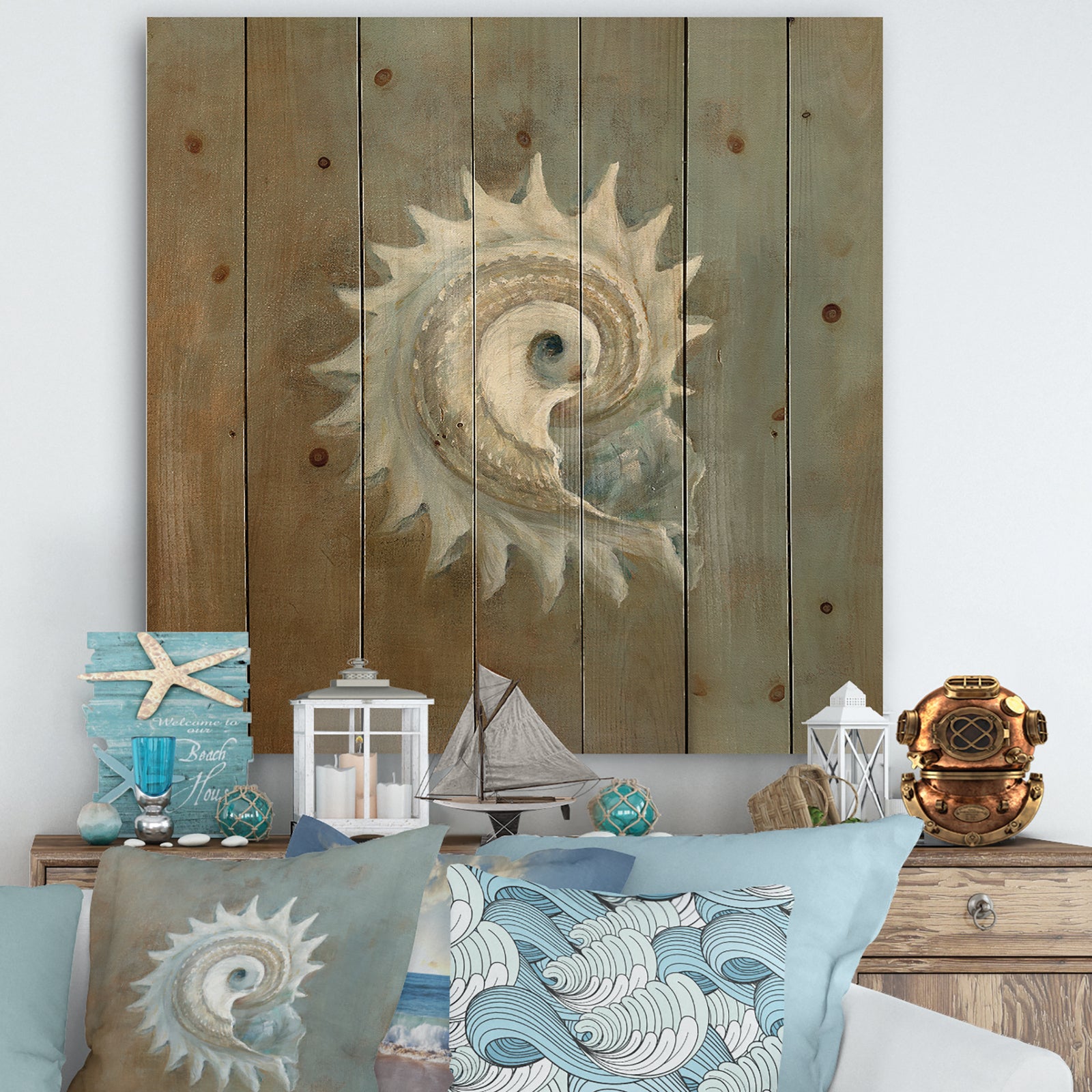 Seashell Treasures from the Sea III - Nautical & Coastal Print on Natural Pine Wood
