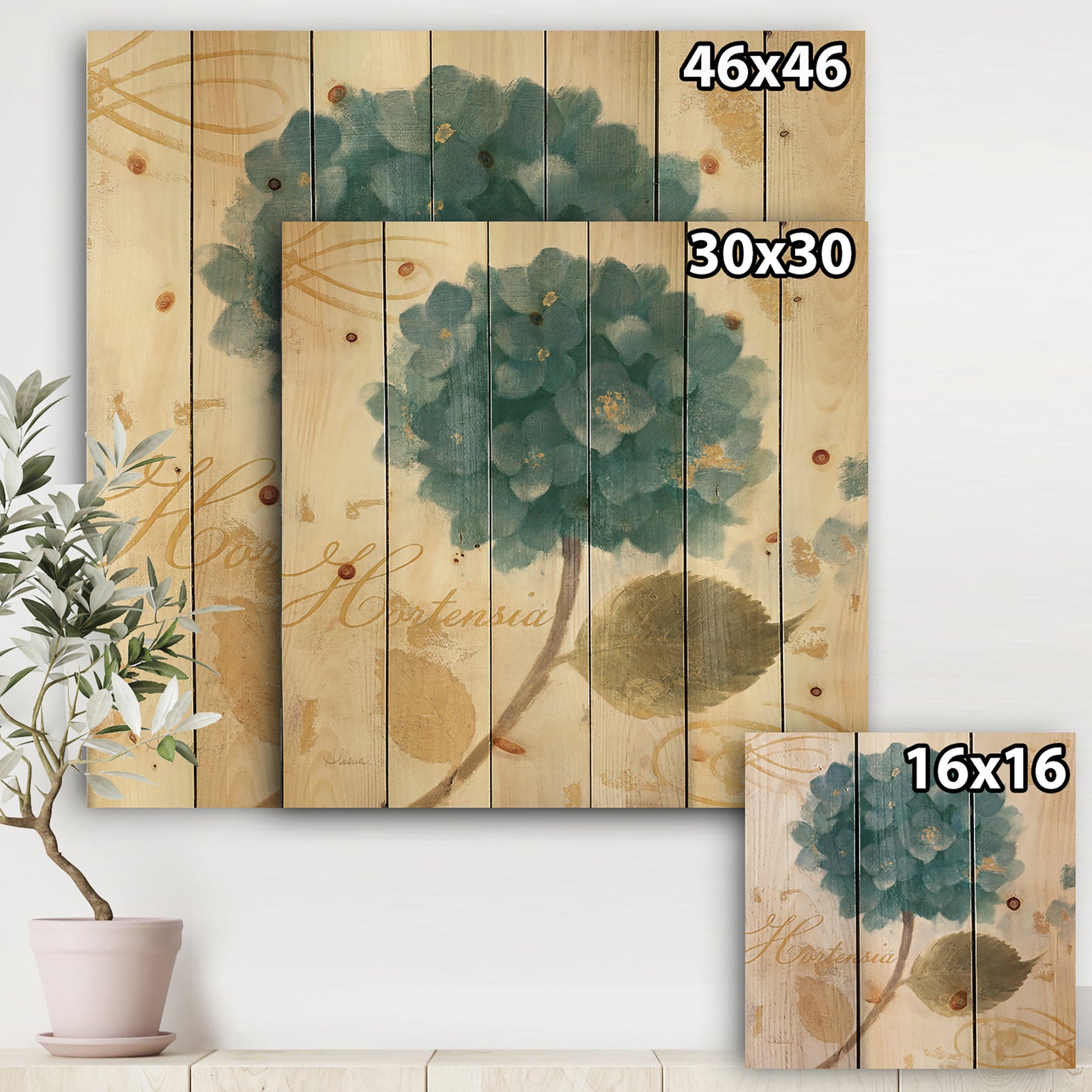 Blue Cottage Flower Hydrangea I - Farmhouse Print on Natural Pine Wood