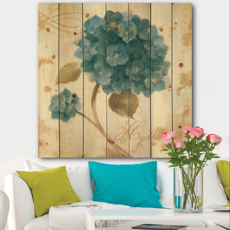 Blue Cottage Flower Hydrangea II - Farmhouse Print on Natural Pine Wood