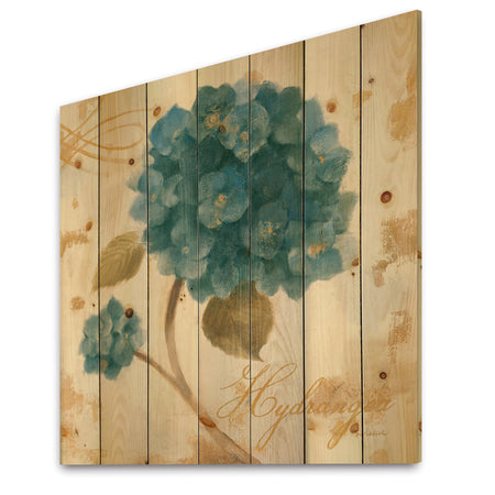 Blue Cottage Flower Hydrangea II - Farmhouse Print on Natural Pine Wood