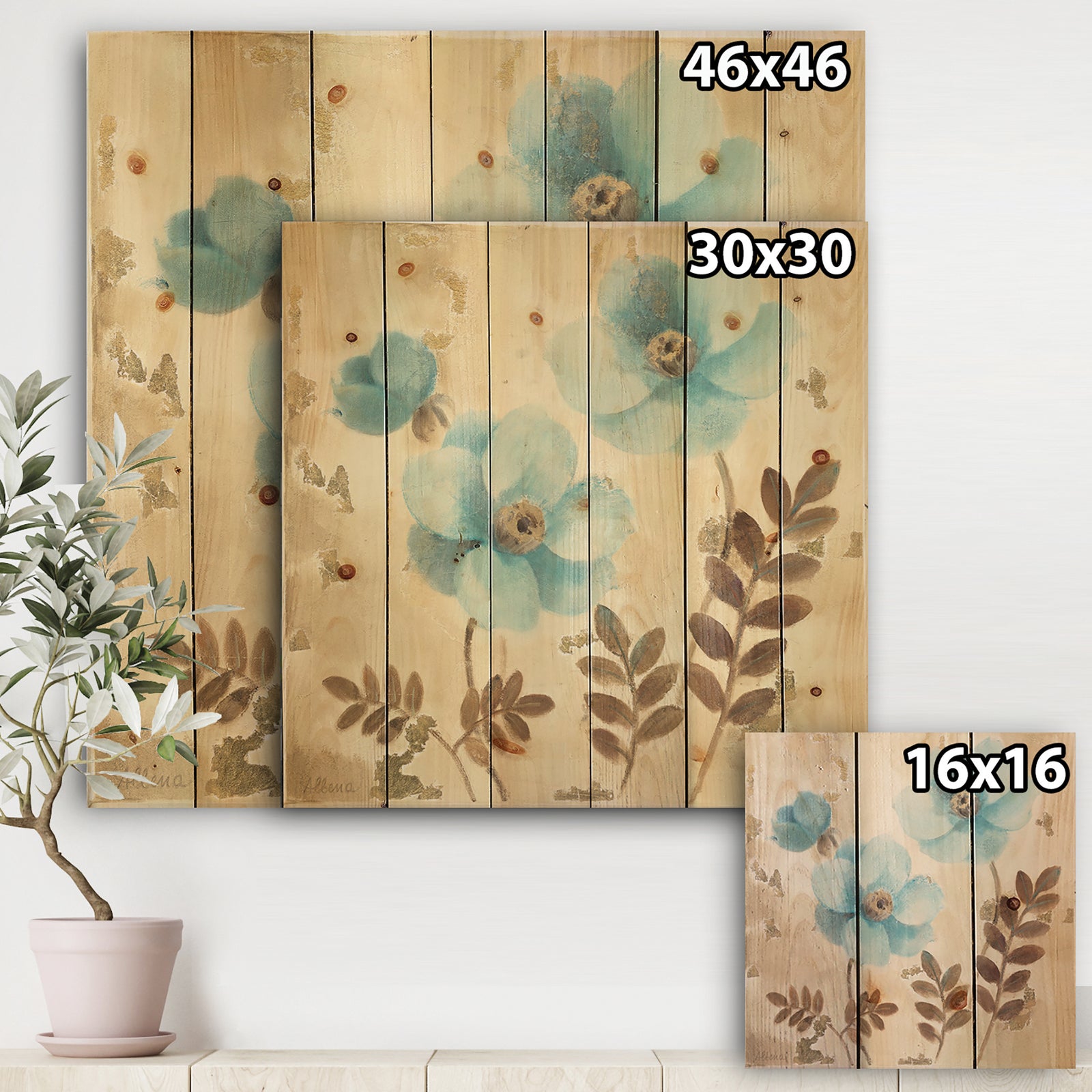 Blue Poppies Cottage Flowers II - Farmhouse Print on Natural Pine Wood