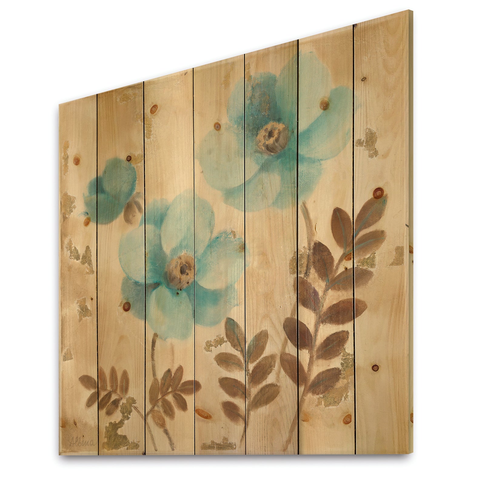 Blue Poppies Cottage Flowers II - Farmhouse Print on Natural Pine Wood