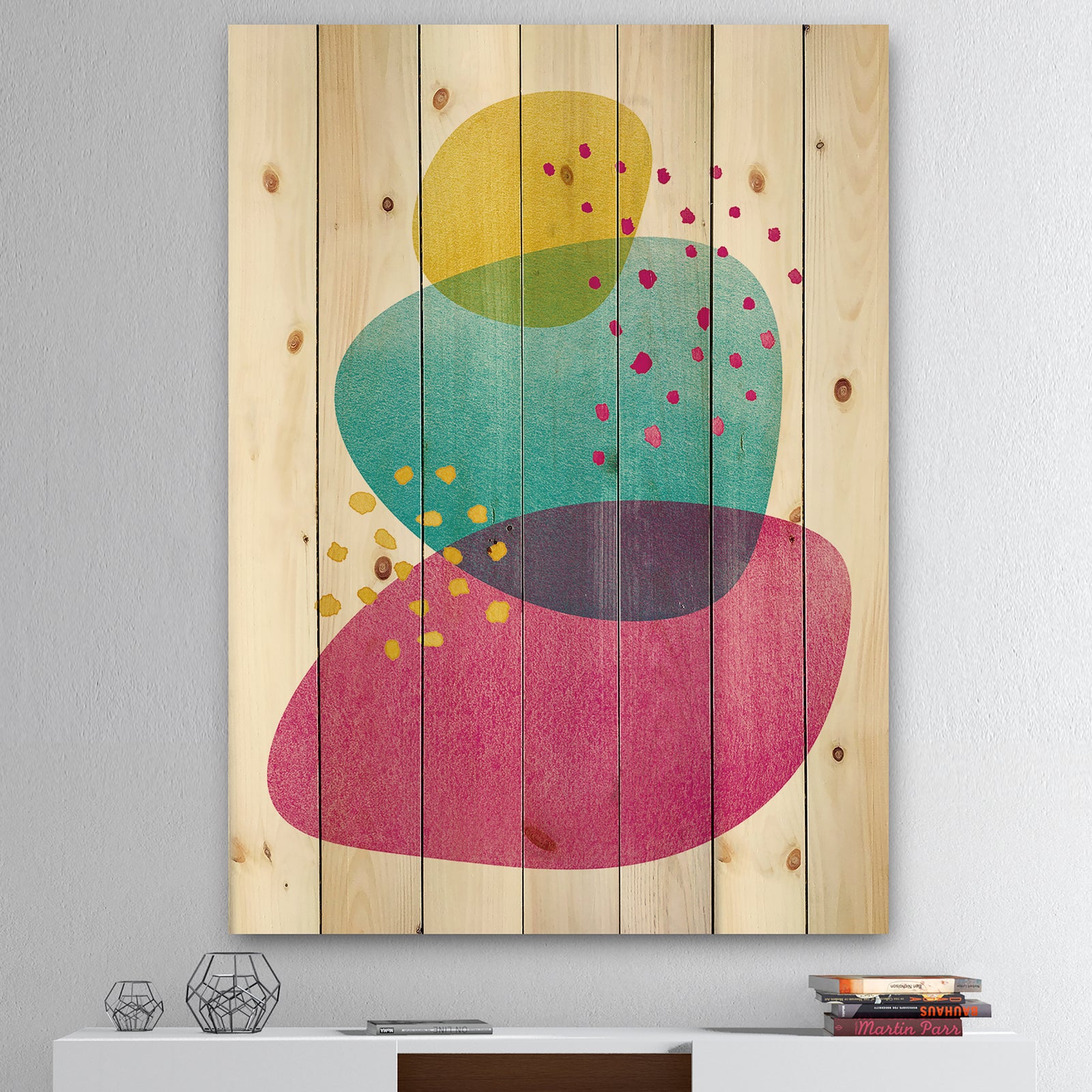 Minimal Spots Balance IV - Contemporary Print on Natural Pine Wood
