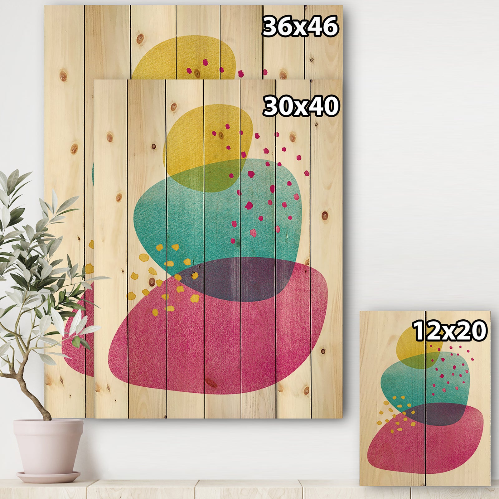 Minimal Spots Balance IV - Contemporary Print on Natural Pine Wood