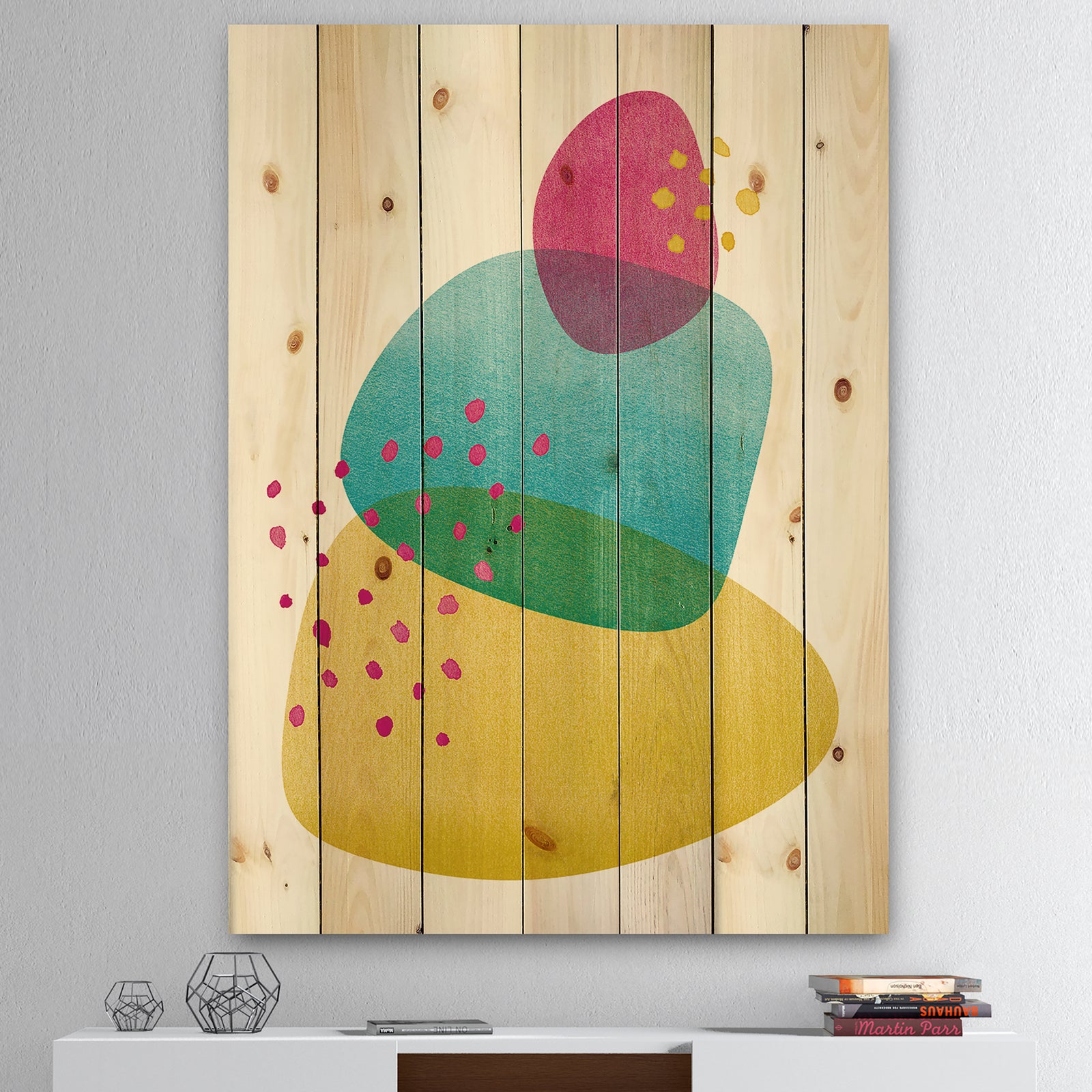 Minimal Spots Balance I - Contemporary Print on Natural Pine Wood