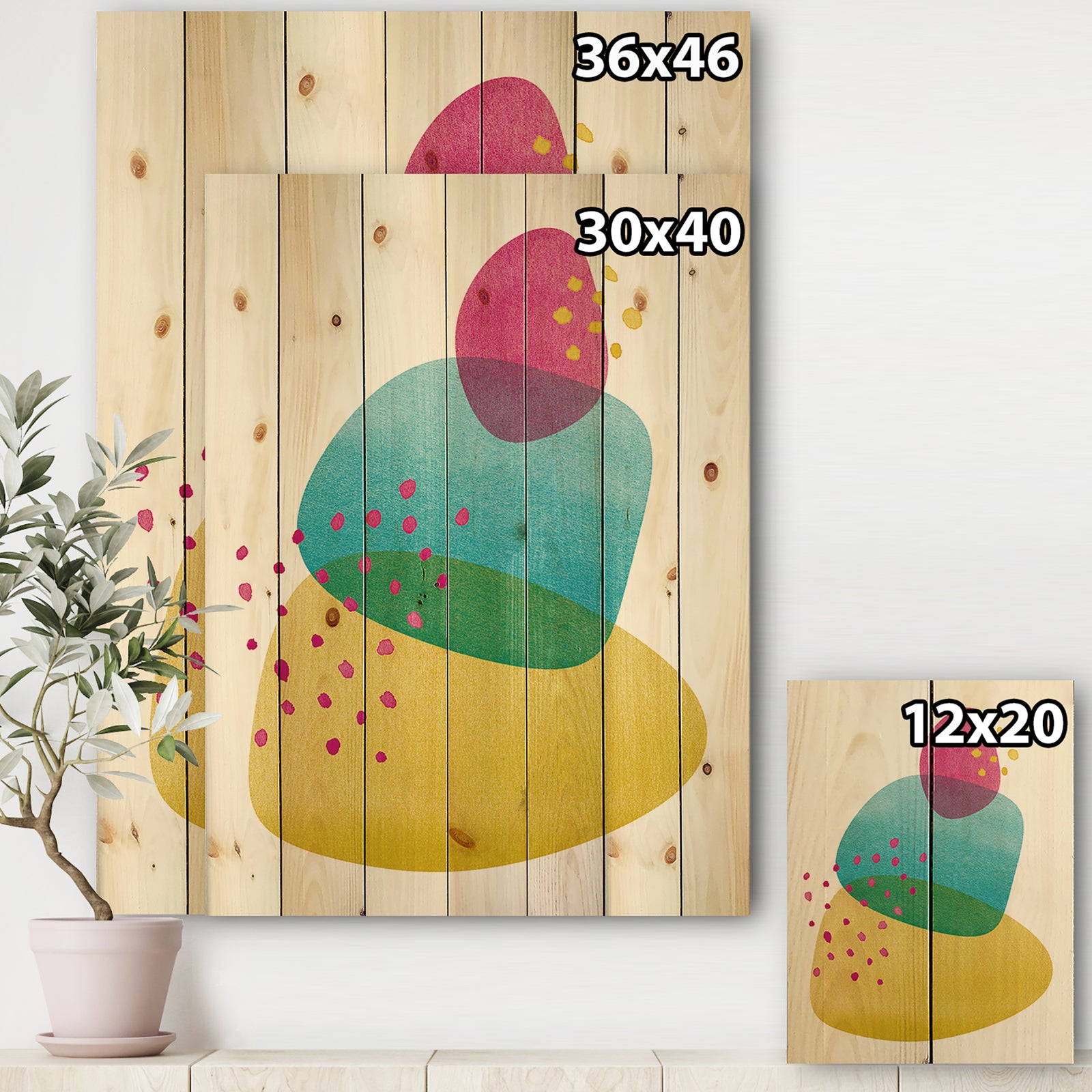 Minimal Spots Balance I - Contemporary Print on Natural Pine Wood