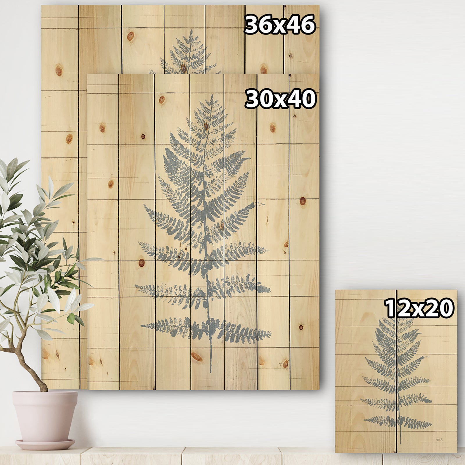 Blue Fern Print on wood II - Cabin & Lodge Print on Natural Pine Wood