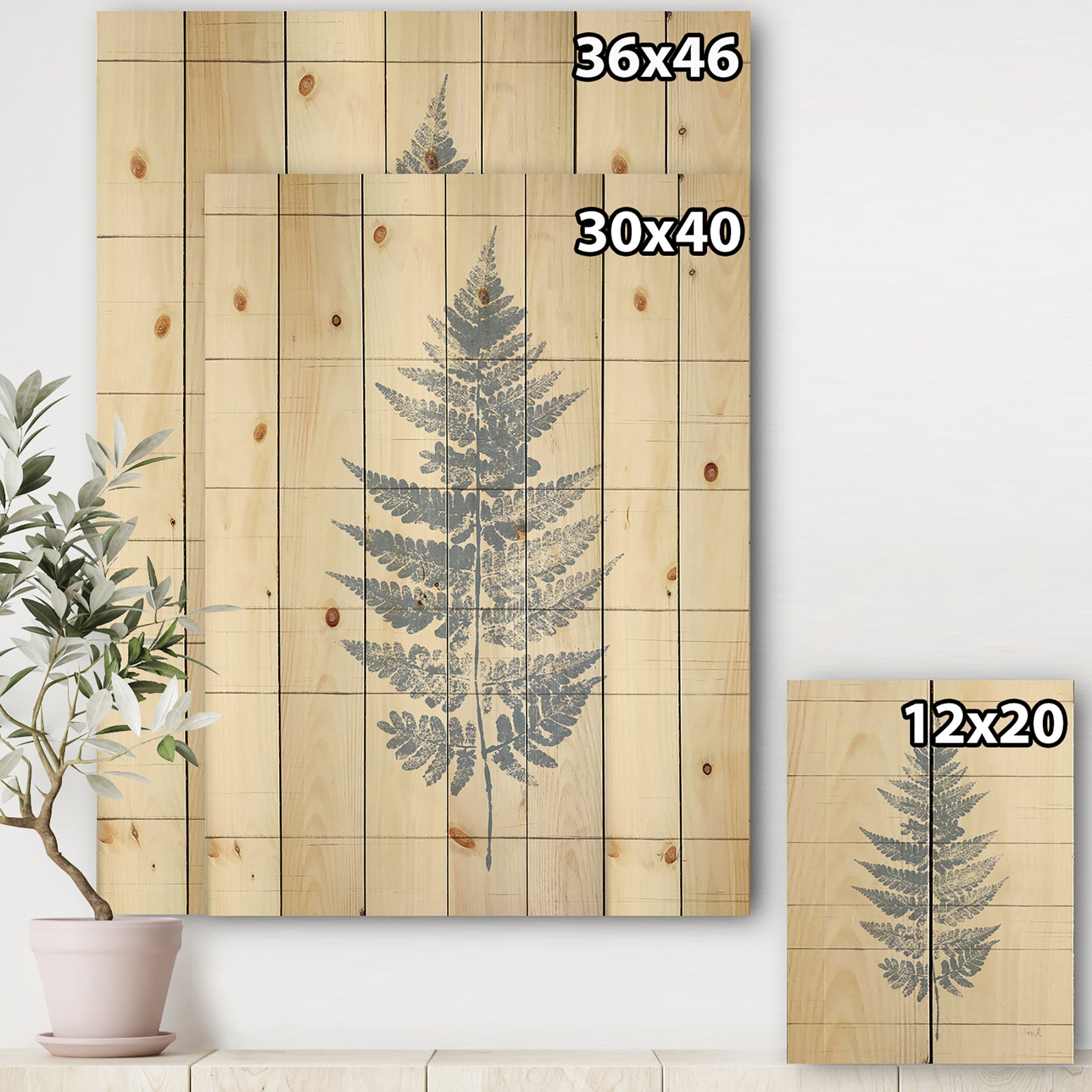 Blue Fern Print on wood I - Cabin & Lodge Print on Natural Pine Wood
