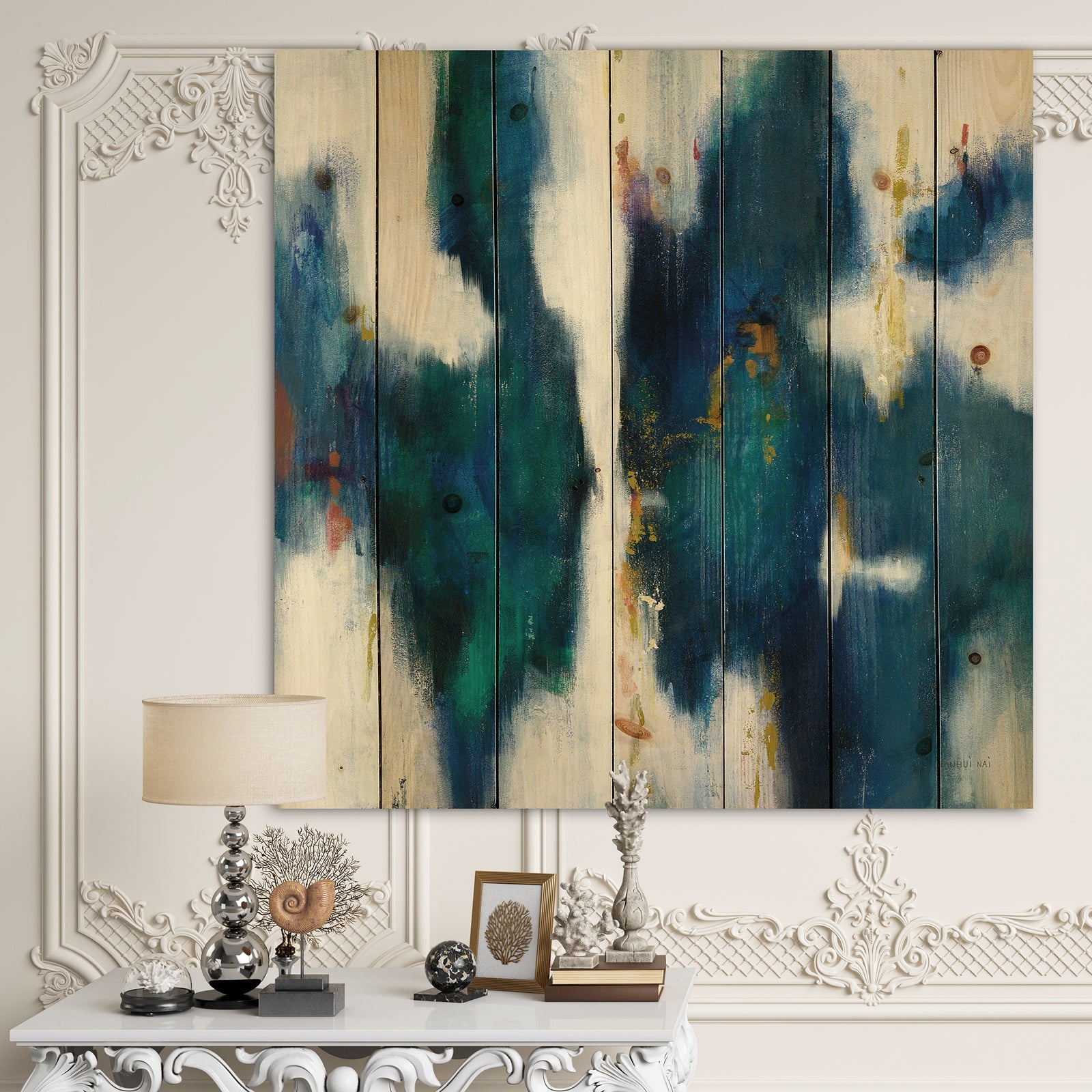 Blue Glam Texture I - Contemporary Print on Natural Pine Wood
