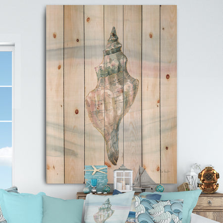 Ocean Metallic Conch - Lake House Print on Natural Pine Wood