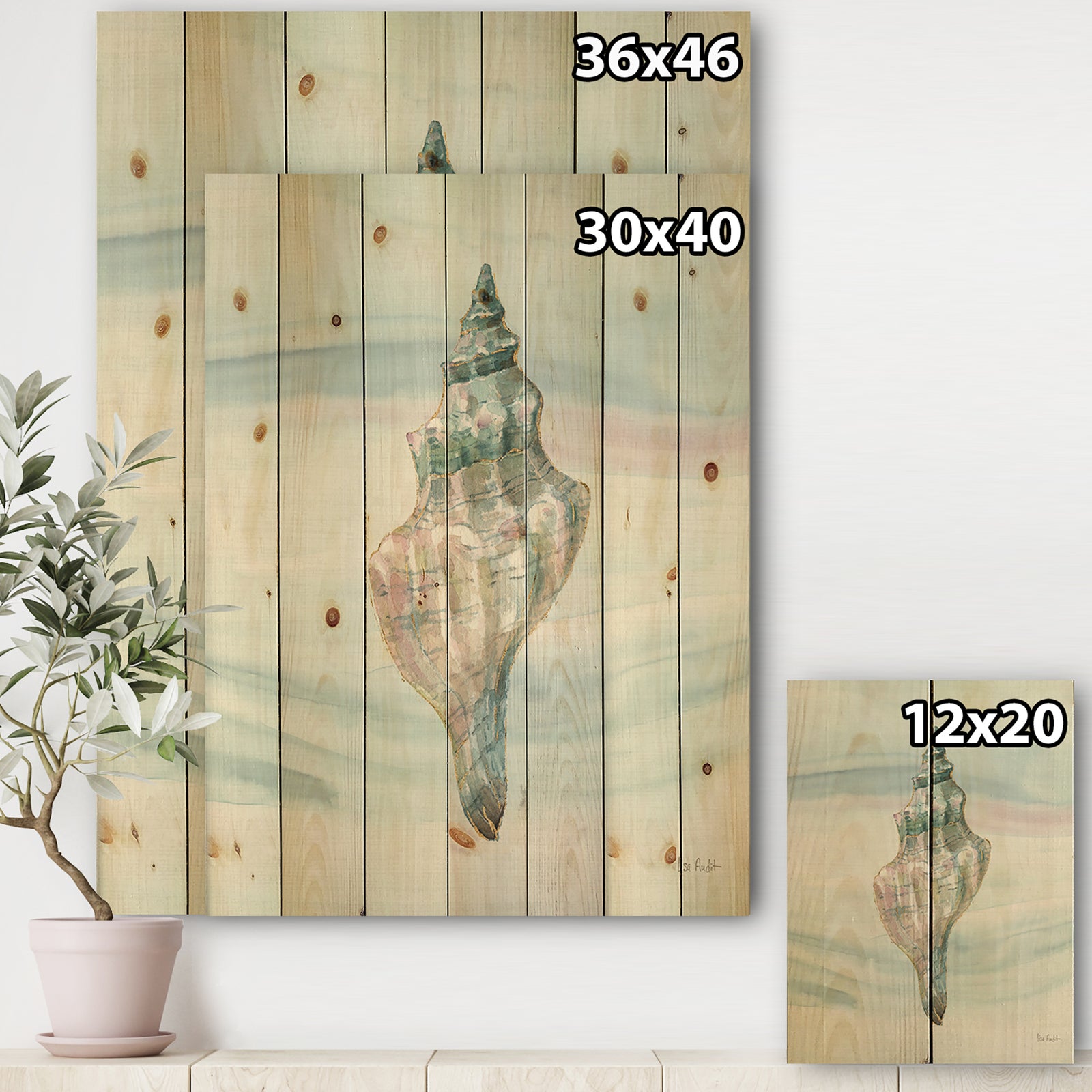 Ocean Metallic Conch - Lake House Print on Natural Pine Wood