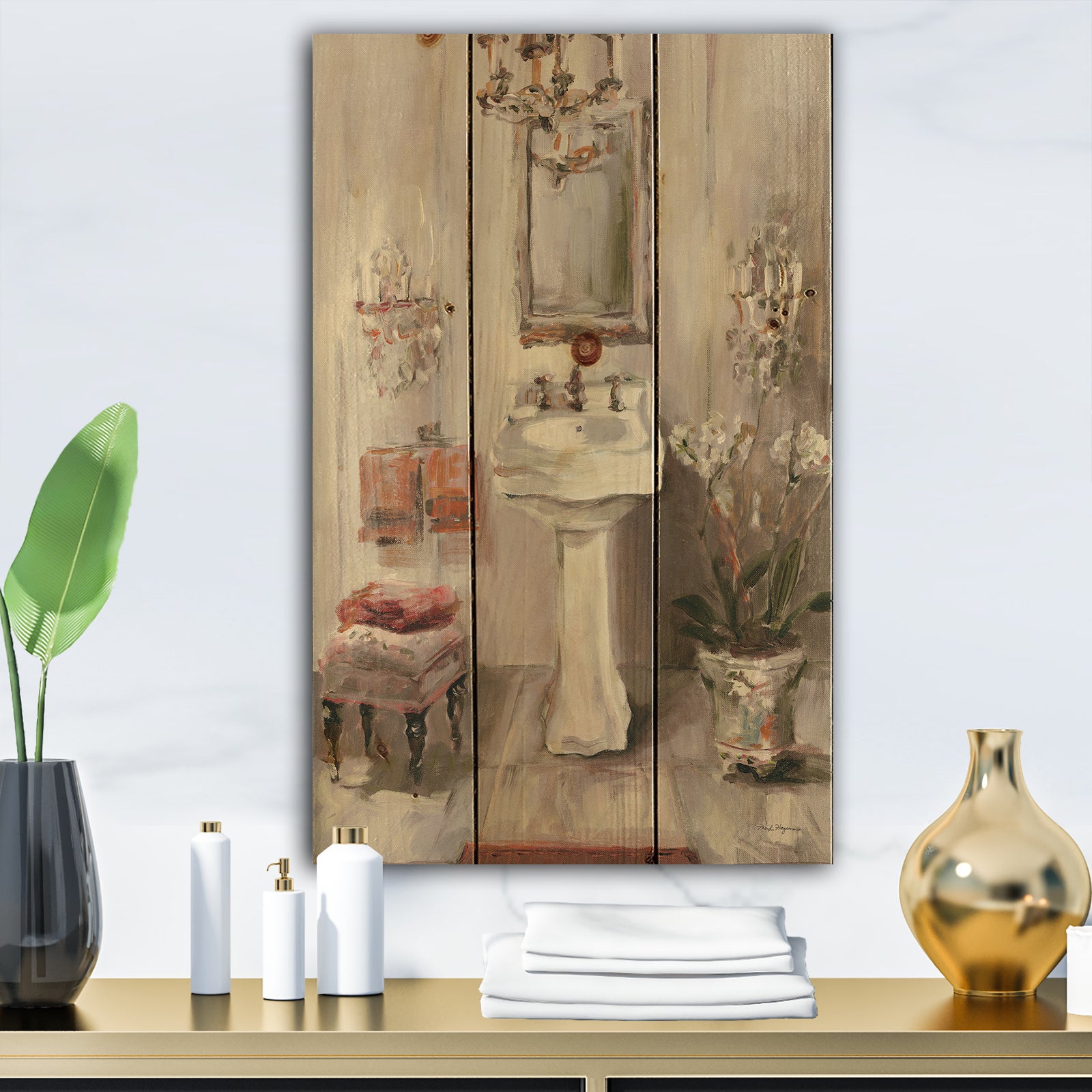 French Bath La baignoire I - Traditional Bathroom Print on Natural Pine Wood
