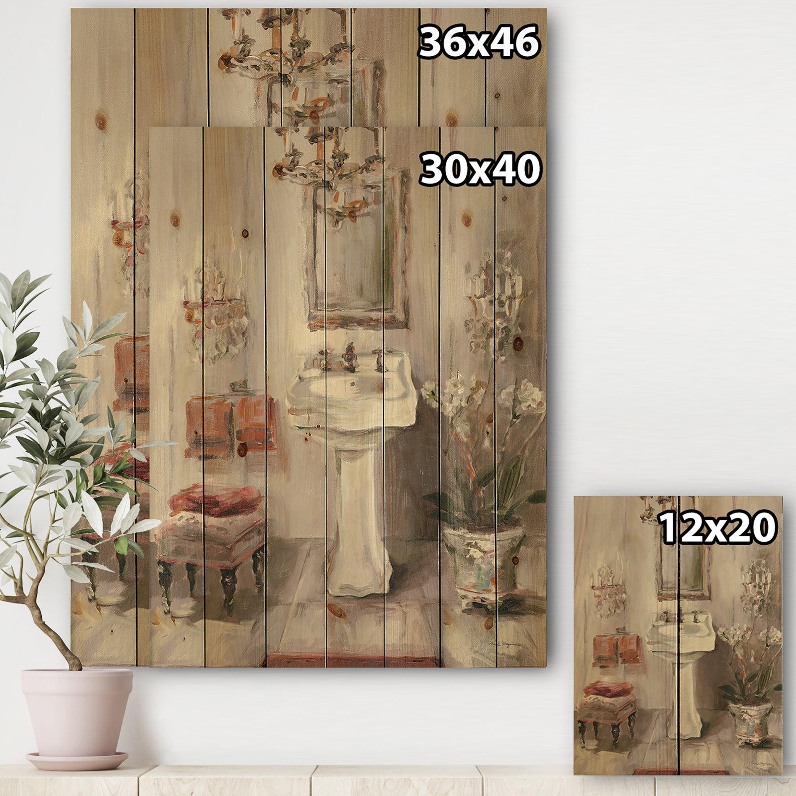 French Bath La baignoire I - Traditional Bathroom Print on Natural Pine Wood
