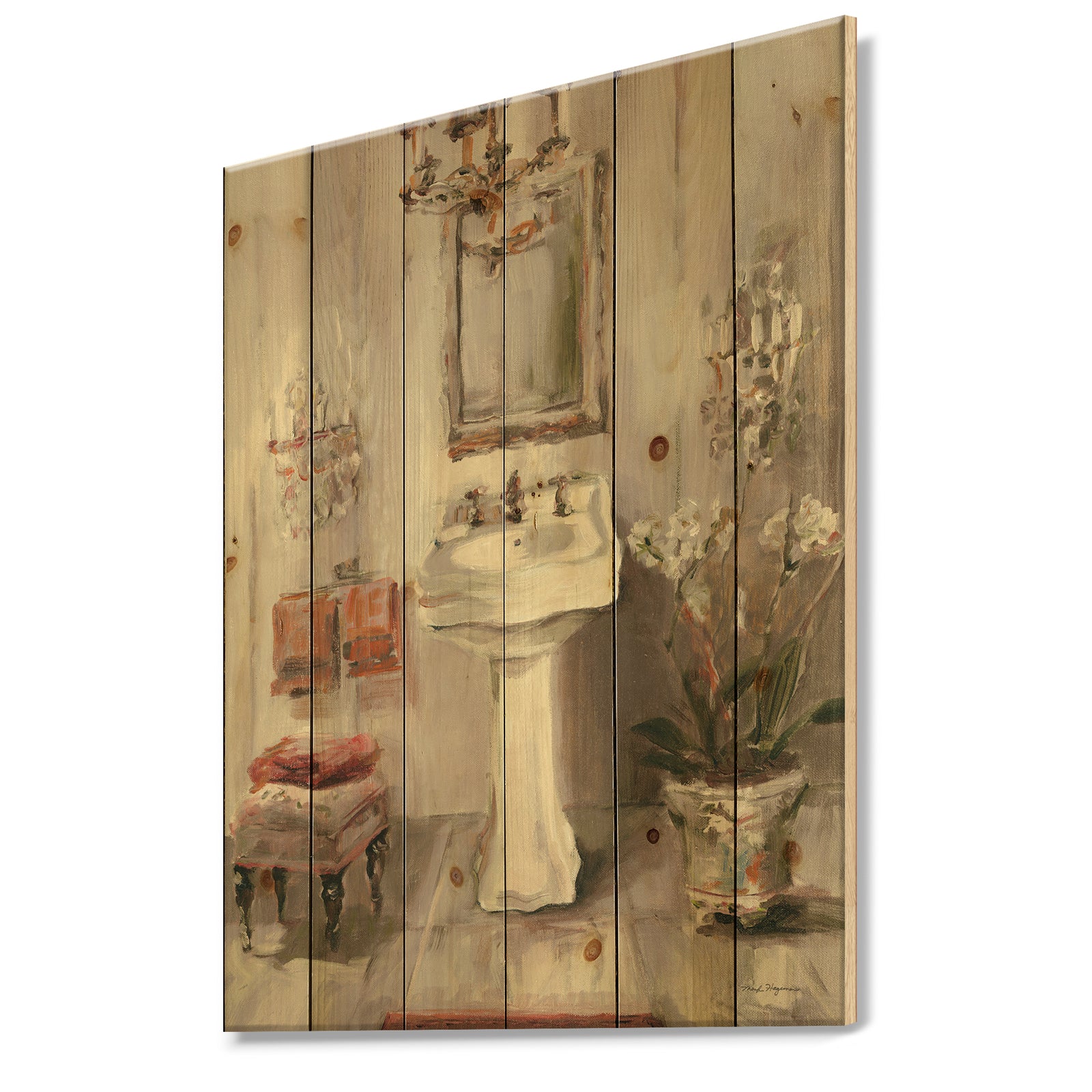 French Bath La baignoire I - Traditional Bathroom Print on Natural Pine Wood