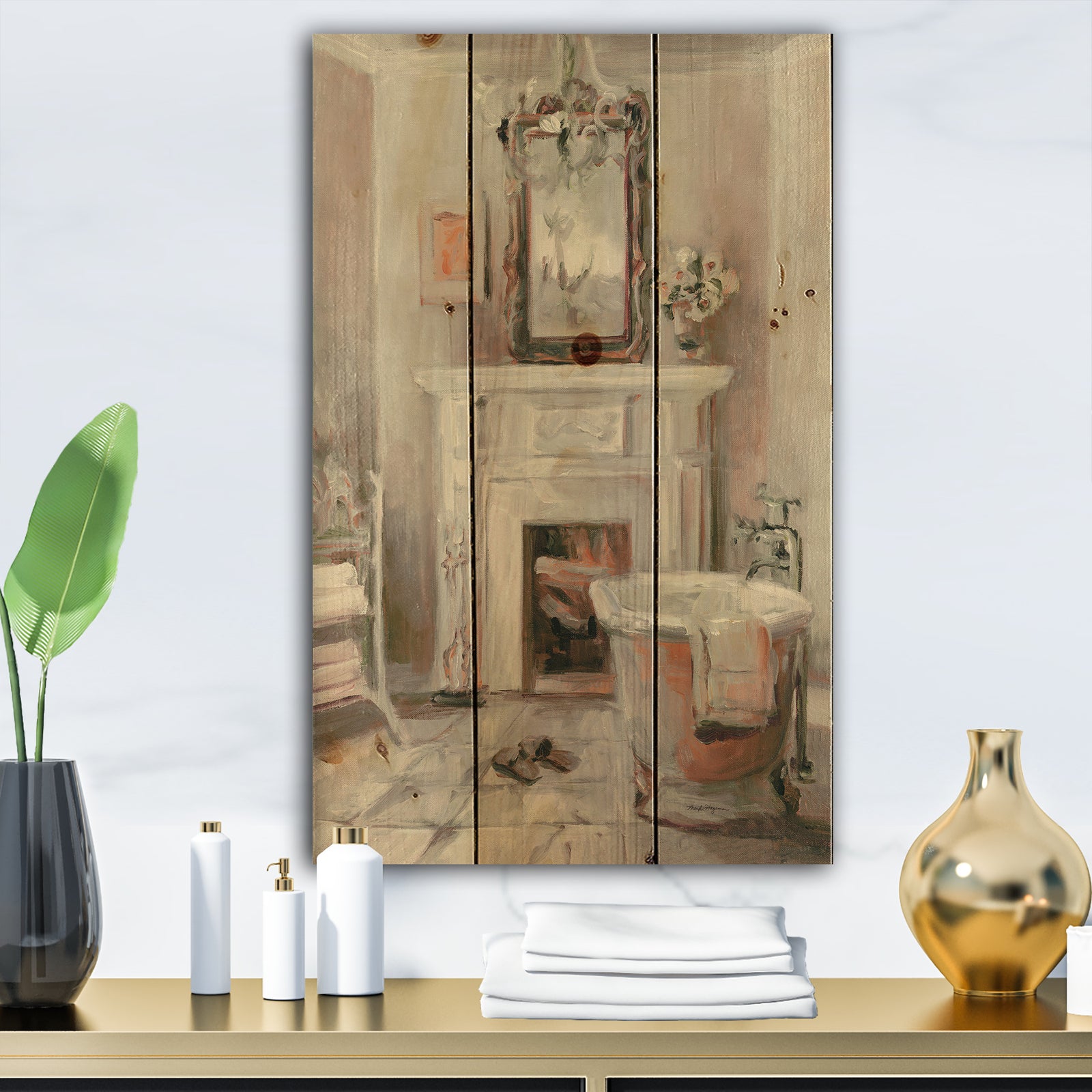 French Bath La baignoire II - Traditional Bathroom Print on Natural Pine Wood