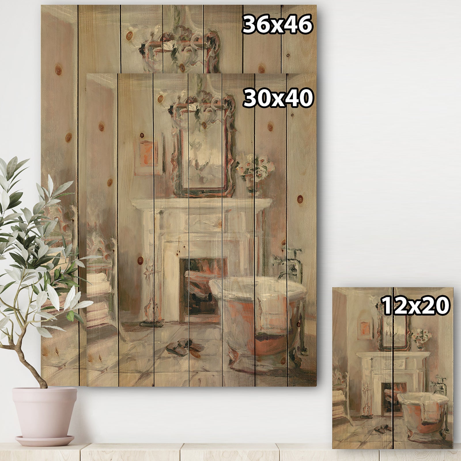 French Bath La baignoire II - Traditional Bathroom Print on Natural Pine Wood