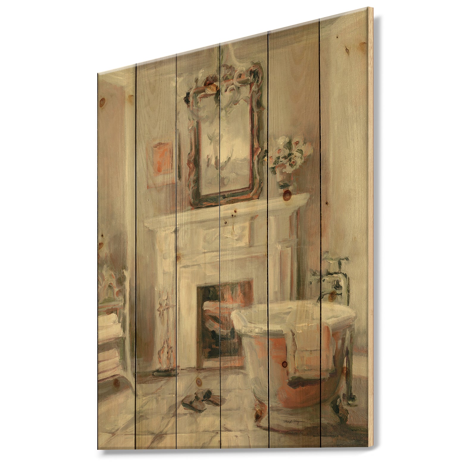 French Bath La baignoire II - Traditional Bathroom Print on Natural Pine Wood