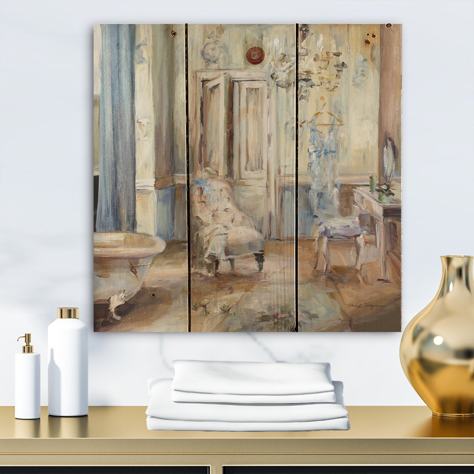 French Boudoir Bath I - Traditional Bathroom Print on Natural Pine Wood