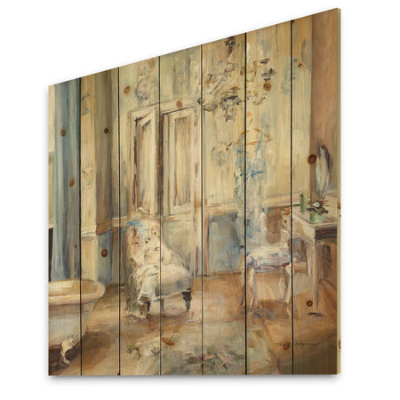 French Boudoir Bath I - Traditional Bathroom Print on Natural Pine Wood