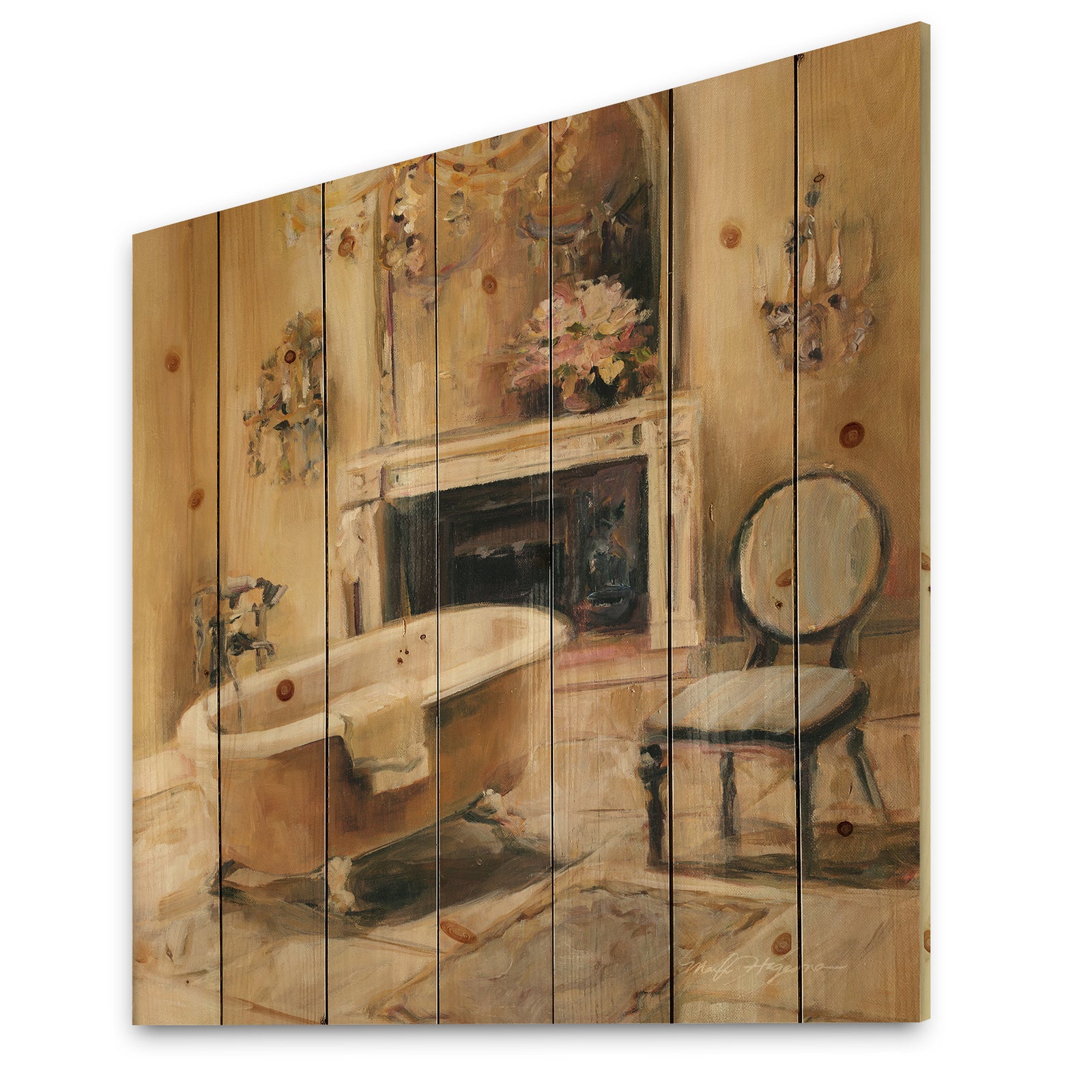French Bath I - Traditional Bathroom Print on Natural Pine Wood
