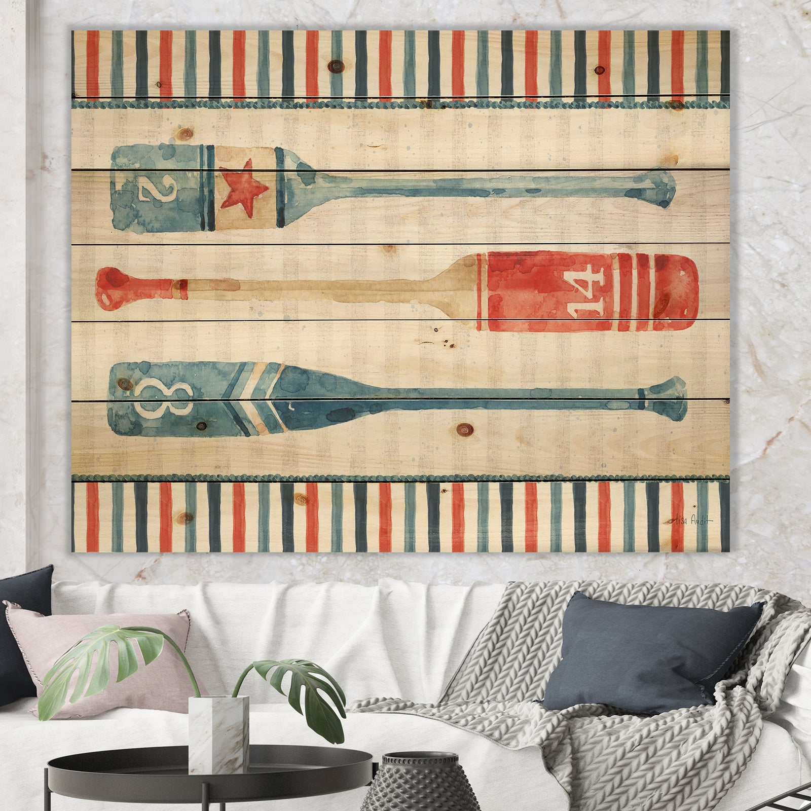 Watercolor Nautical paddles - Nautical & Coastal Print on Natural Pine Wood