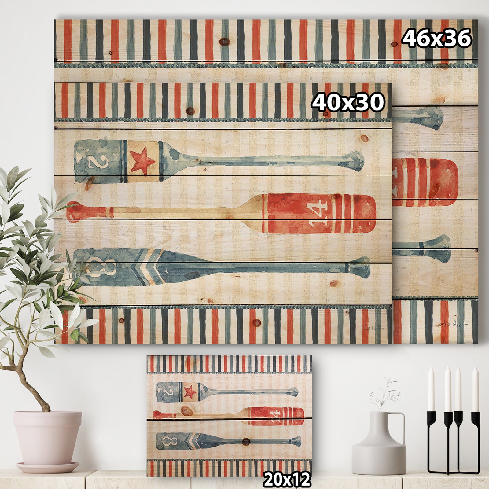 Watercolor Nautical paddles - Nautical & Coastal Print on Natural Pine Wood
