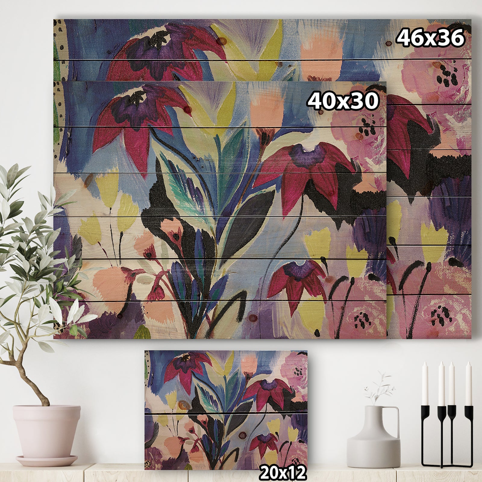 Blue and Purple Flower Composition II - Floral Print on Natural Pine Wood