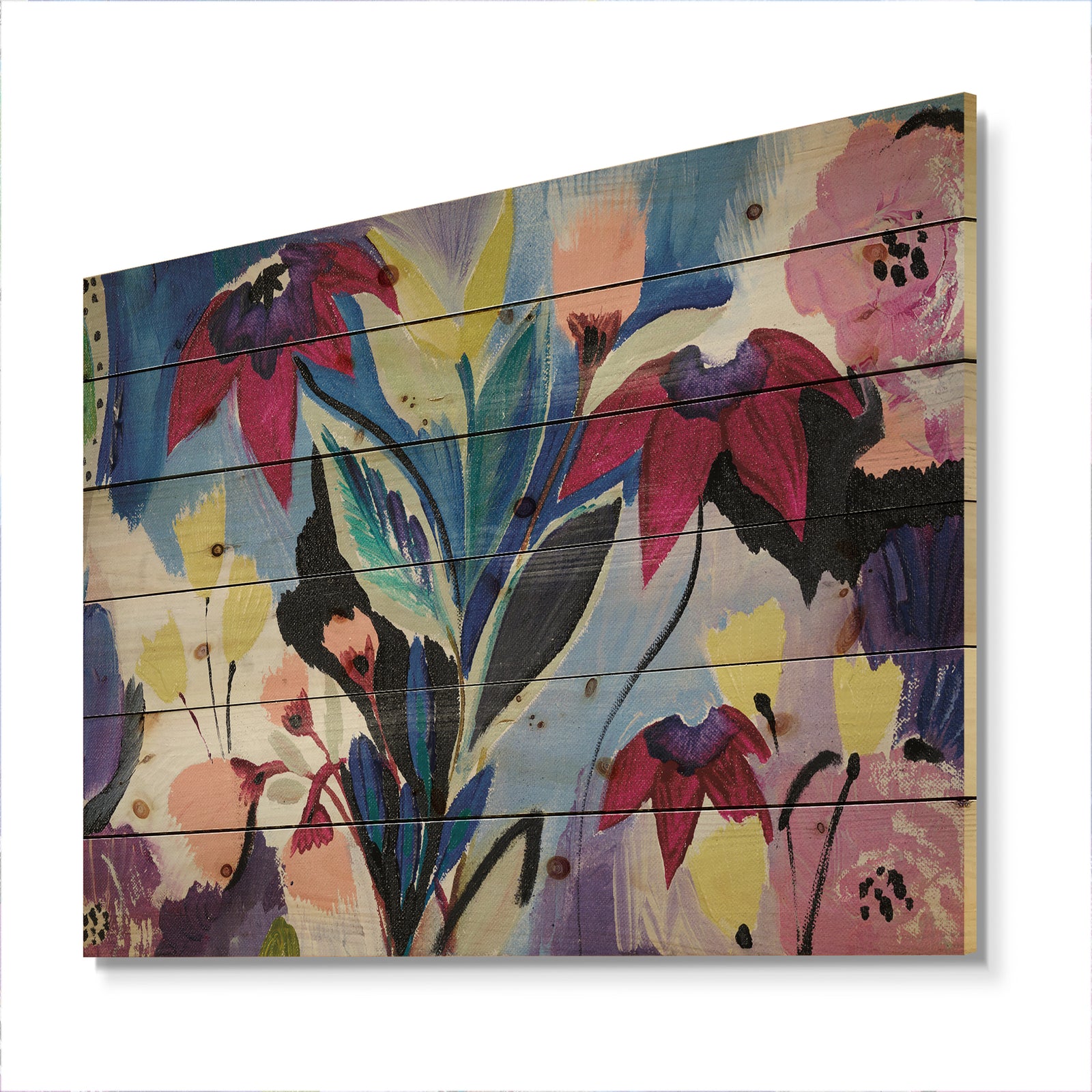 Blue and Purple Flower Composition II - Floral Print on Natural Pine Wood