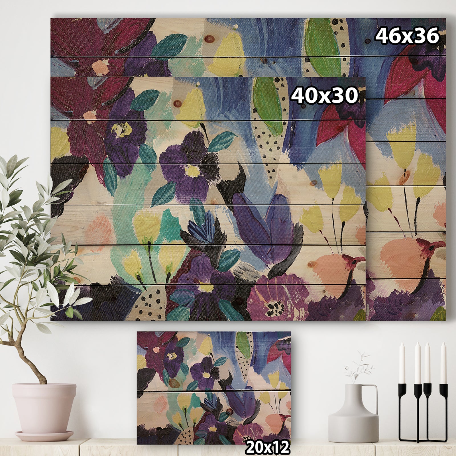 Blue and Purple Flower Composition I - Floral Print on Natural Pine Wood