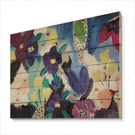 Blue and Purple Flower Composition I - Floral Print on Natural Pine Wood