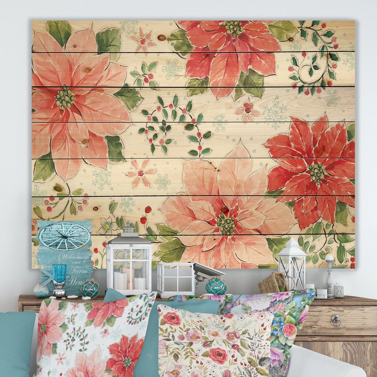 Country Flower snowflakes I - Farmhouse Print on Natural Pine Wood
