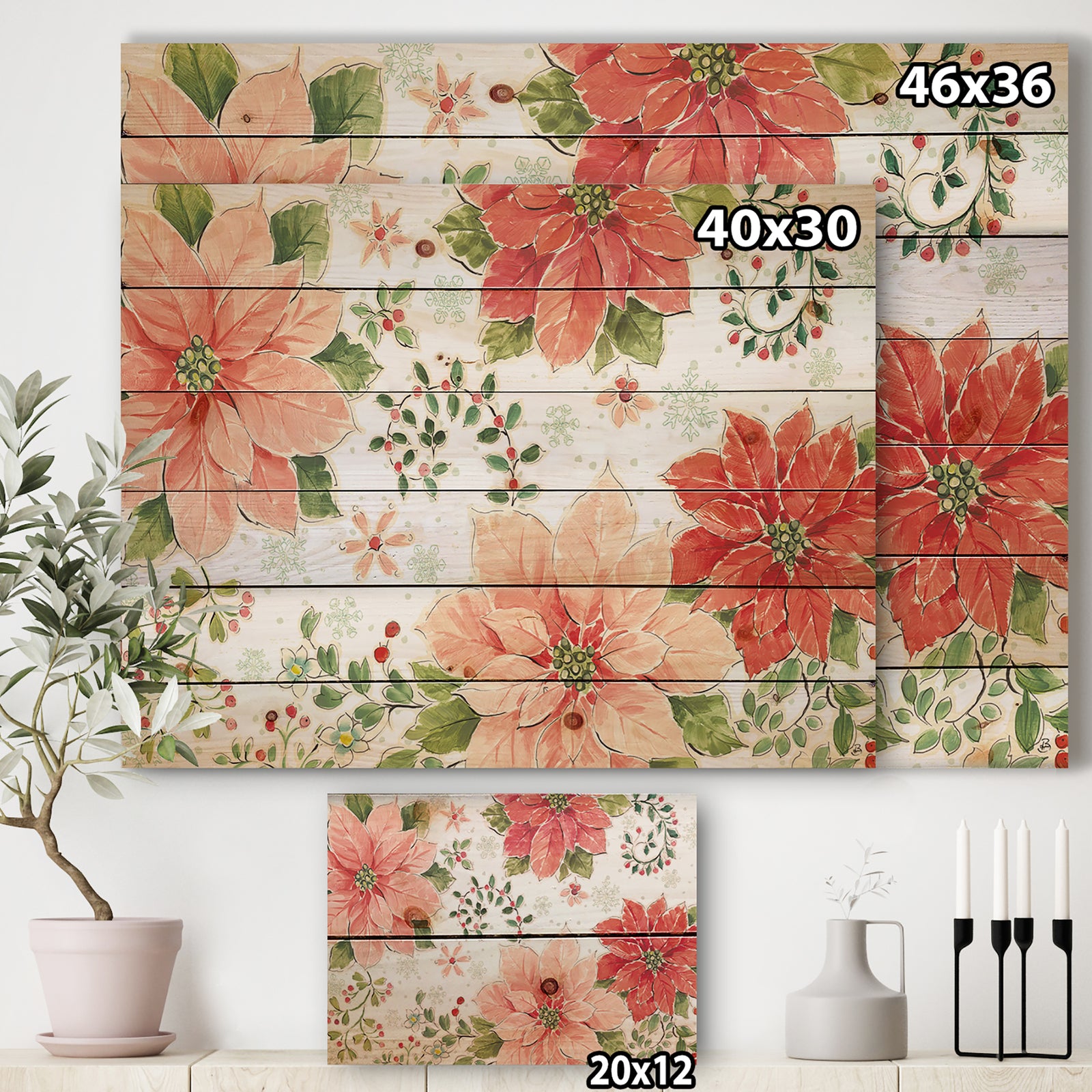 Country Flower snowflakes I - Farmhouse Print on Natural Pine Wood