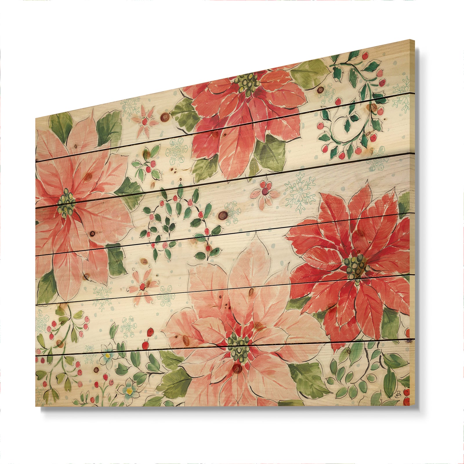 Country Flower snowflakes I - Farmhouse Print on Natural Pine Wood