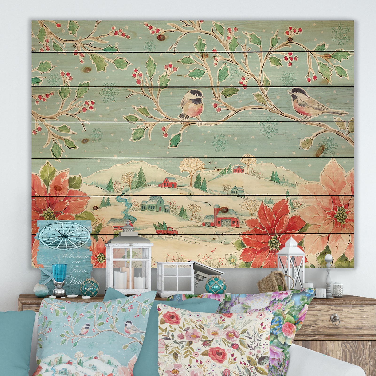 Country Flower snowflakes II - Farmhouse Print on Natural Pine Wood