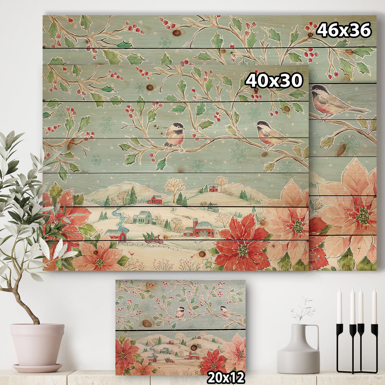 Country Flower snowflakes II - Farmhouse Print on Natural Pine Wood