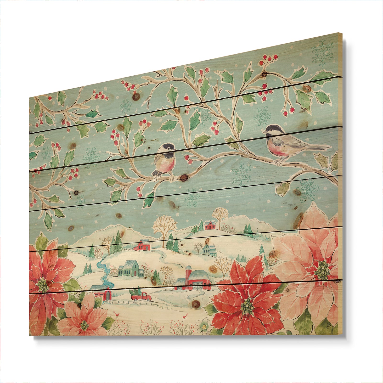 Country Flower snowflakes II - Farmhouse Print on Natural Pine Wood