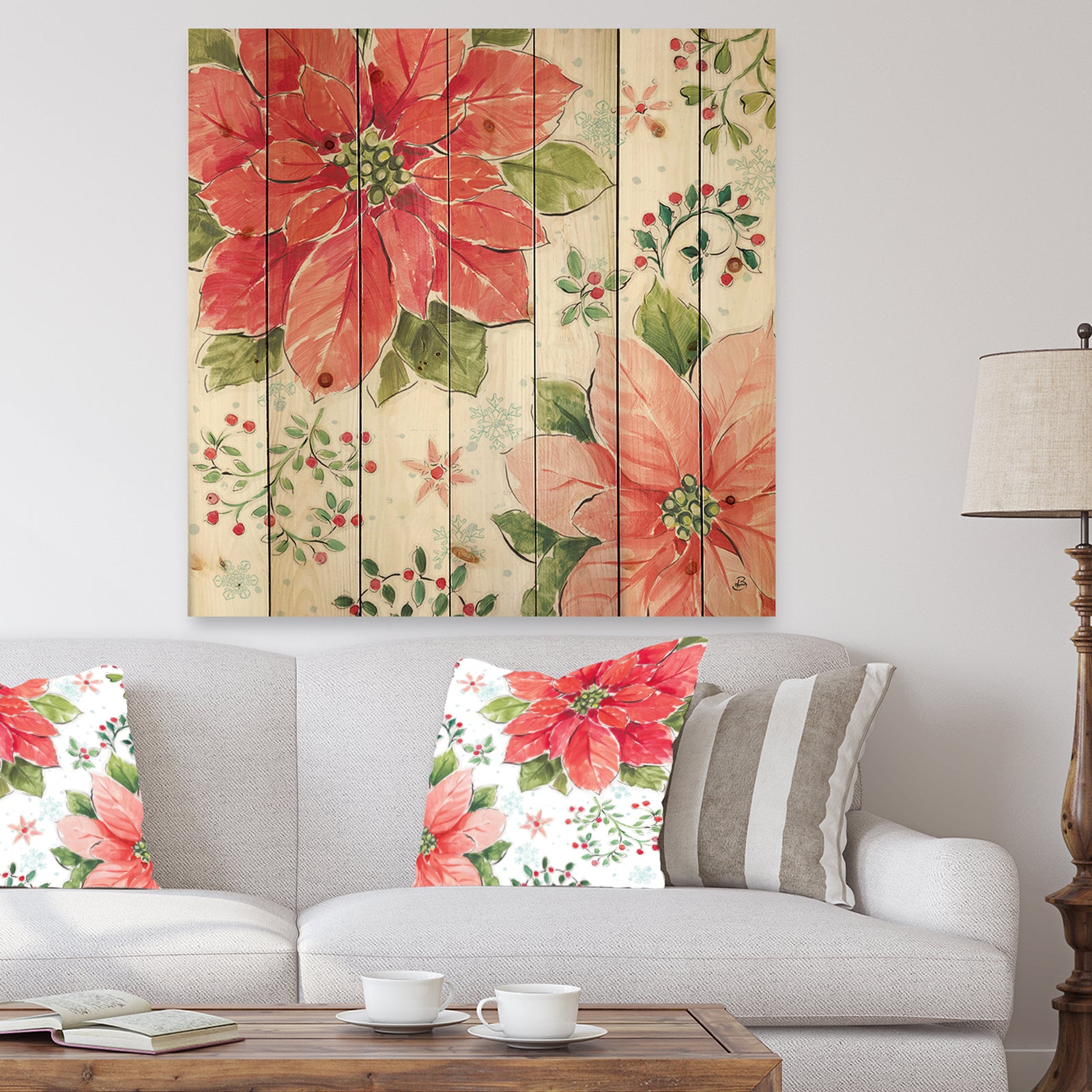 Country Flower snowflakes III - Farmhouse Print on Natural Pine Wood