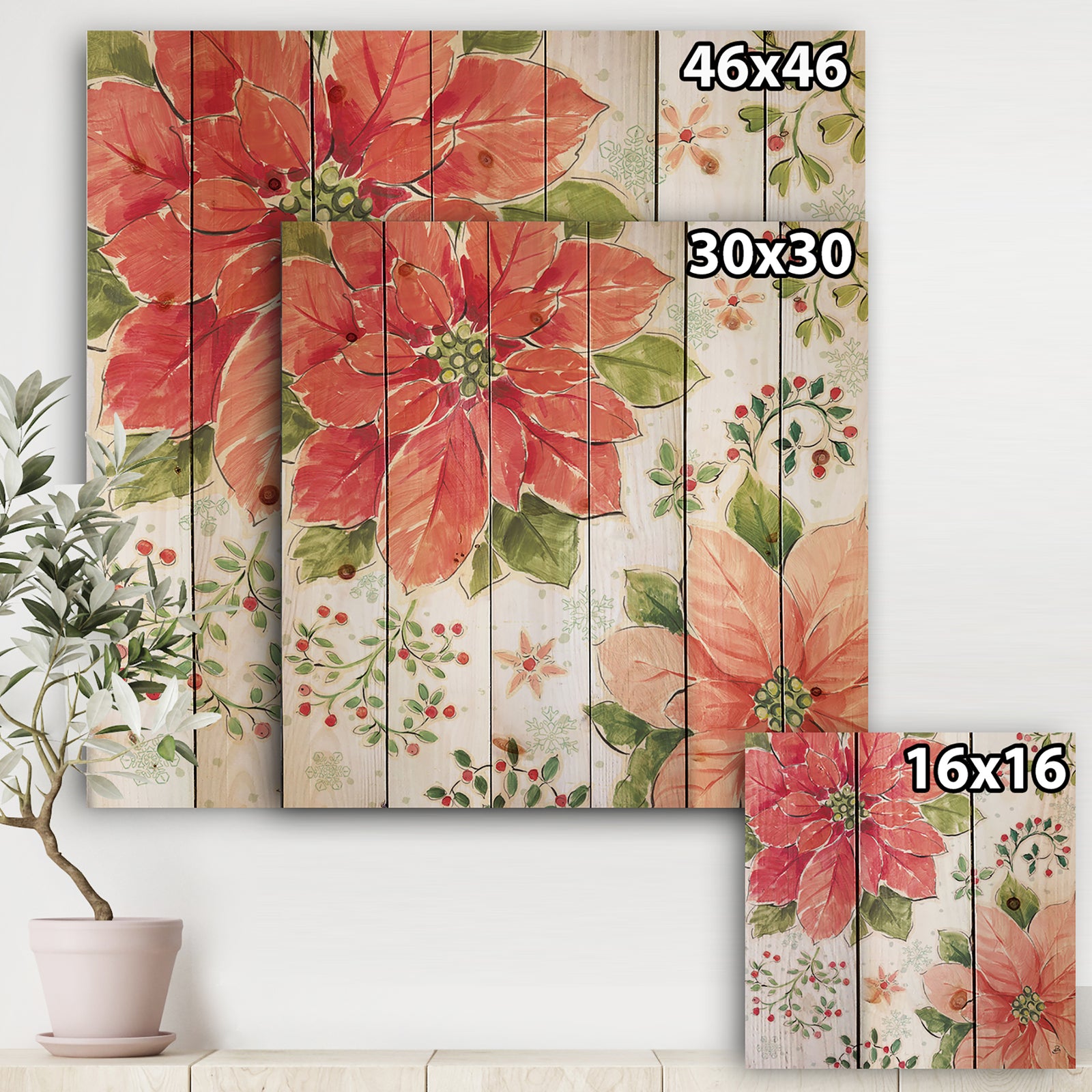 Country Flower snowflakes III - Farmhouse Print on Natural Pine Wood