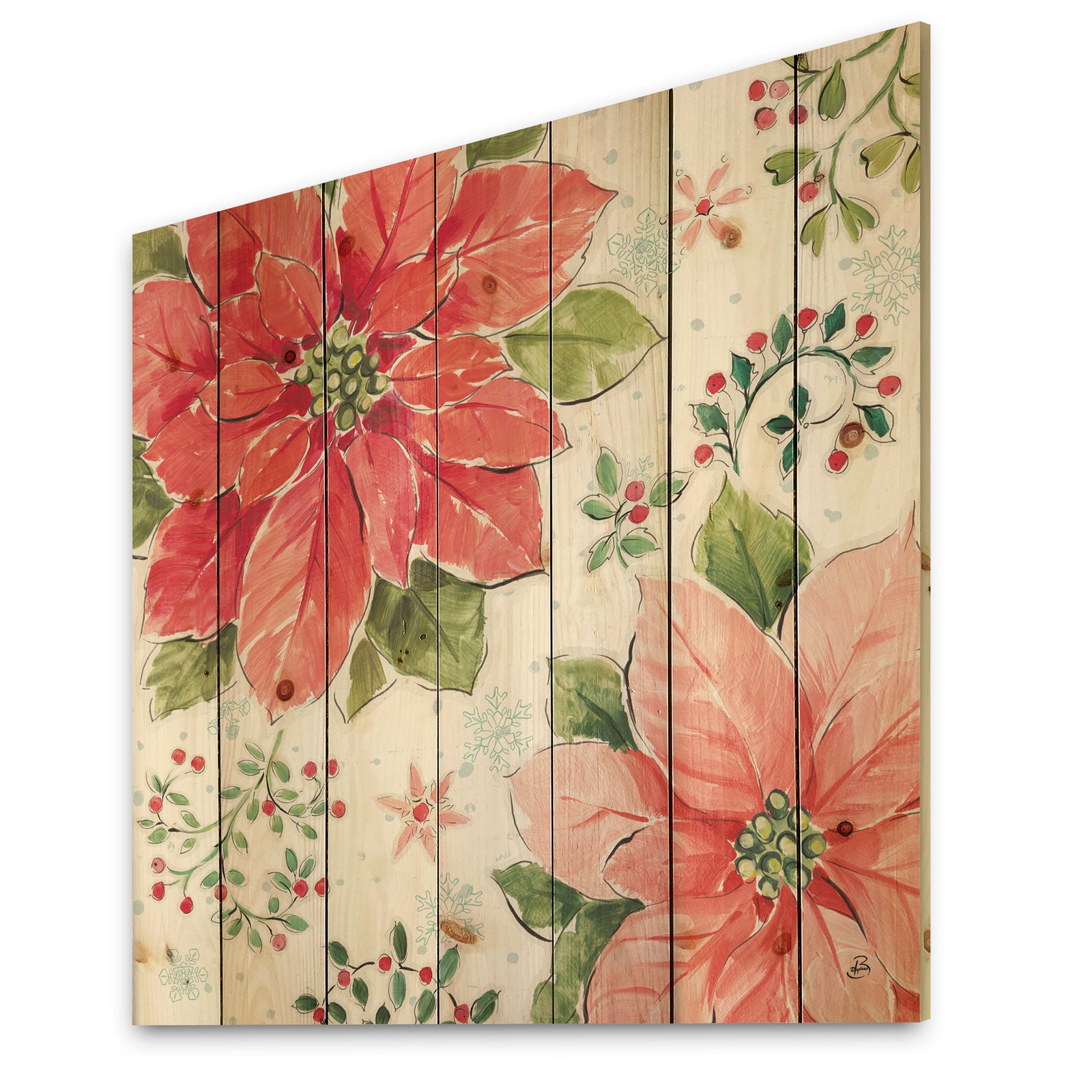 Country Flower snowflakes III - Farmhouse Print on Natural Pine Wood