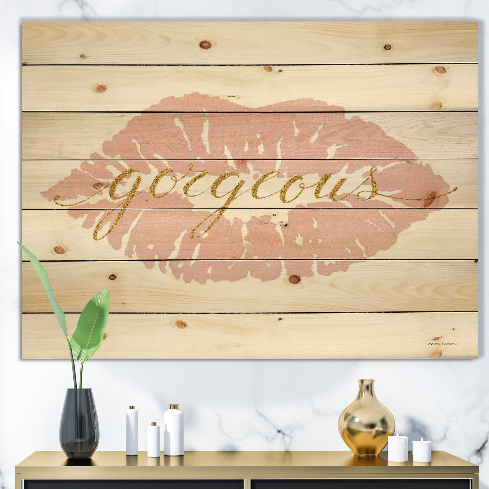 fashion Glam Lips on Gold II - Posh & Luxe Print on Natural Pine Wood