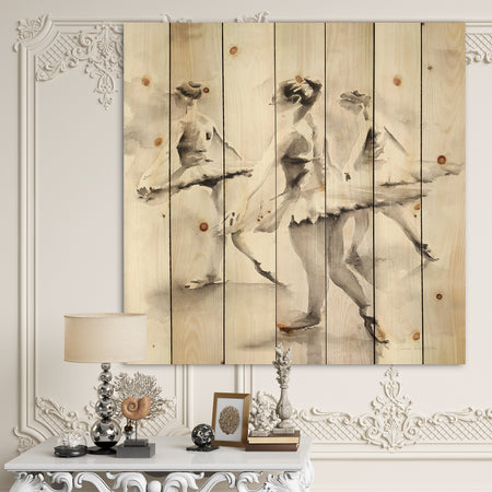 watercolors Ballerinas Dance I - French Country Print on Natural Pine Wood