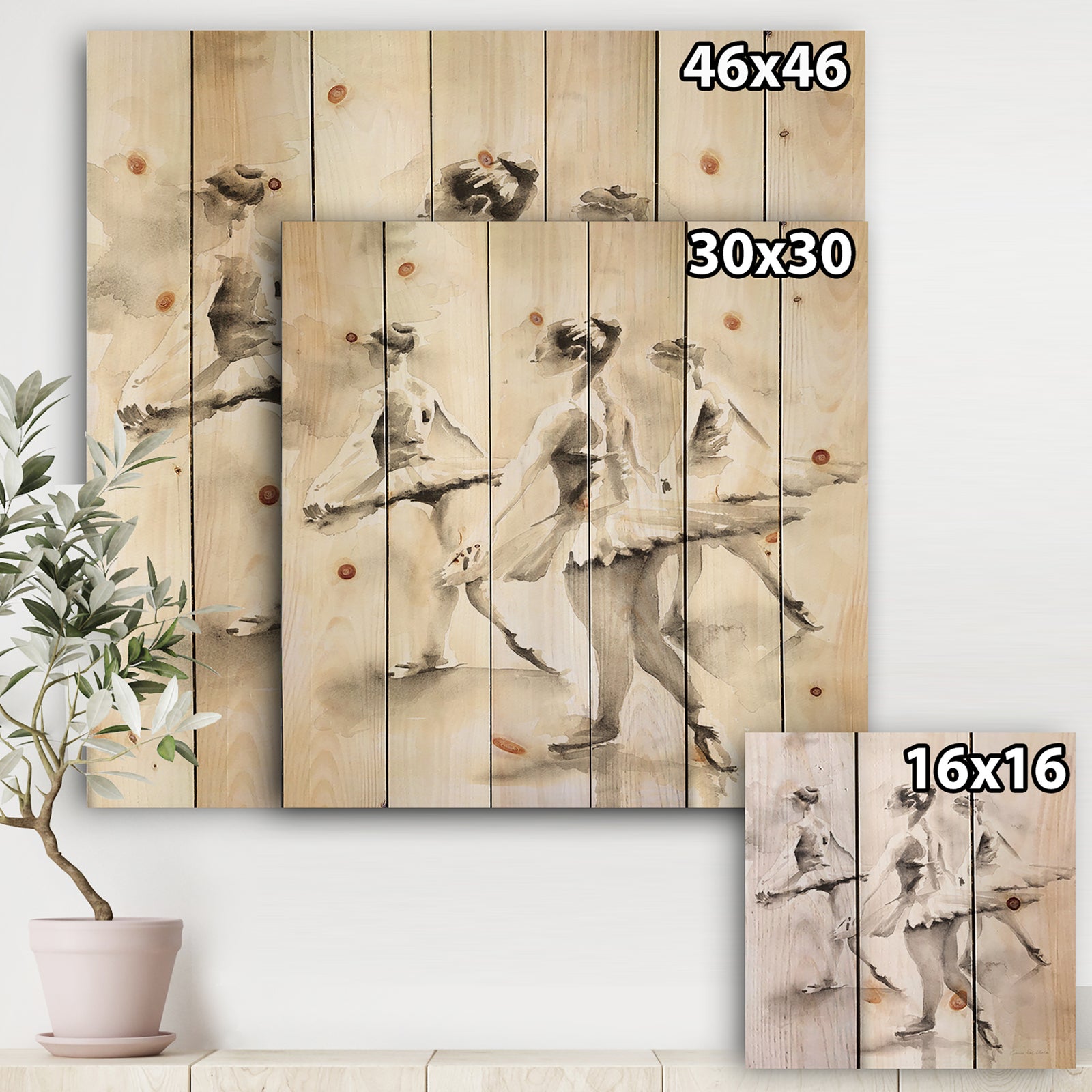 watercolors Ballerinas Dance I - French Country Print on Natural Pine Wood