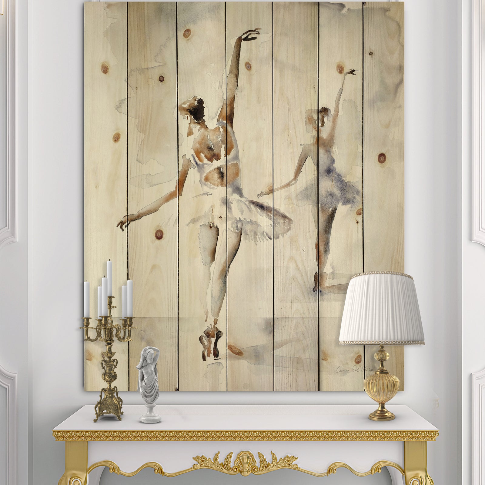 watercolors Ballerinas Dance II - French Country Print on Natural Pine Wood