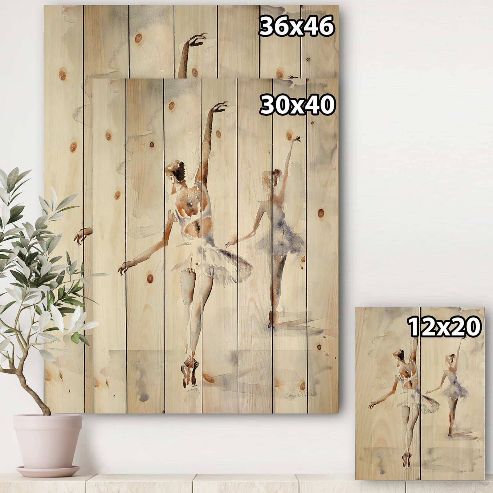 watercolors Ballerinas Dance II - French Country Print on Natural Pine Wood