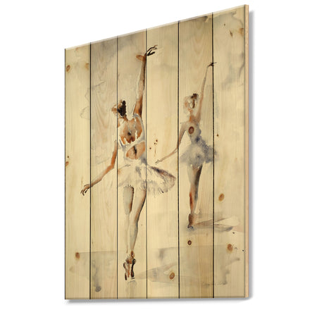 watercolors Ballerinas Dance II - French Country Print on Natural Pine Wood