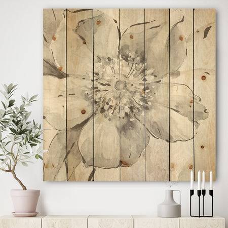 Indigold Grey Peonies III - Farmhouse Print on Natural Pine Wood