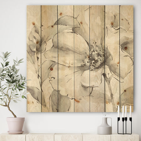 Indigold Grey Peonies IV - Farmhouse Print on Natural Pine Wood