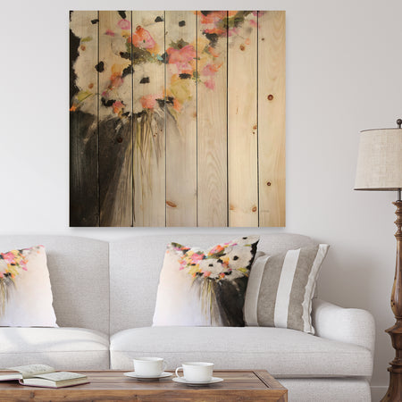 Pink Pastel Flowers - Farmhouse Print on Natural Pine Wood